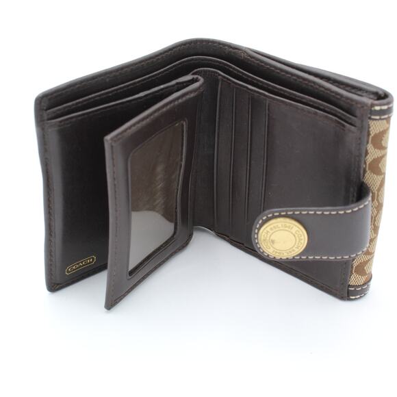 Y2K Coach Signature Wallet Brown Leather Canvas Gold Logo Bifold Compact - Picture 3 of 8